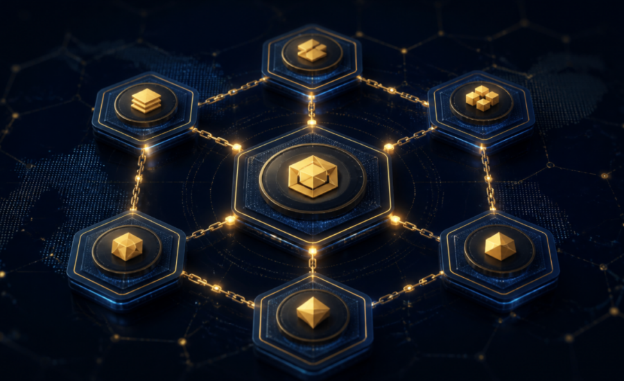 Hexagonal blockchain network illustration representing a BEP-20 token on BNB Smart Chain