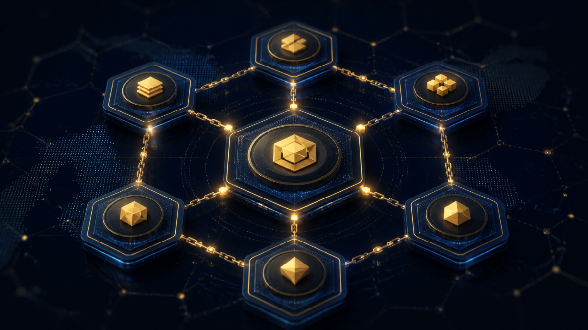 Hexagonal blockchain network illustration representing a BEP-20 token on BNB Smart Chain