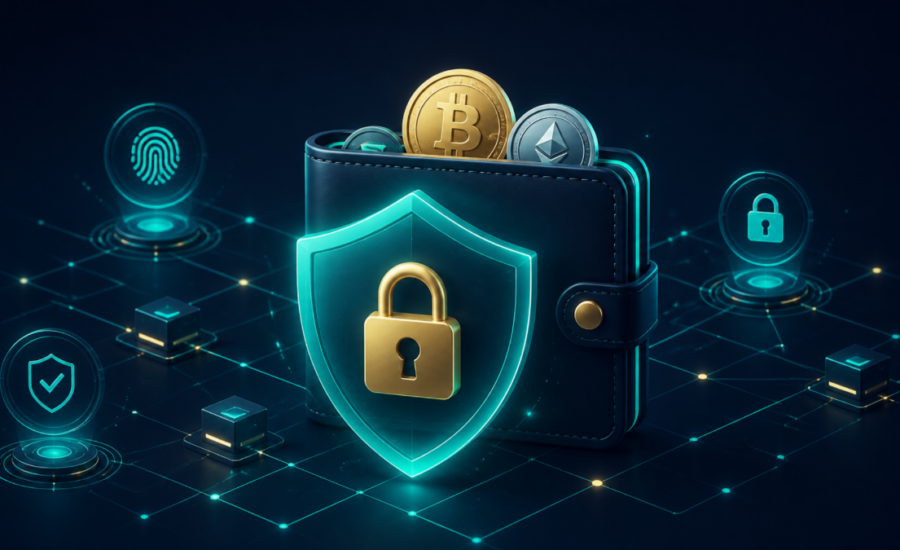 Illustration of a digital wallet protected by a glowing padlock shield, representing crypto wallet security for FACIET tokens