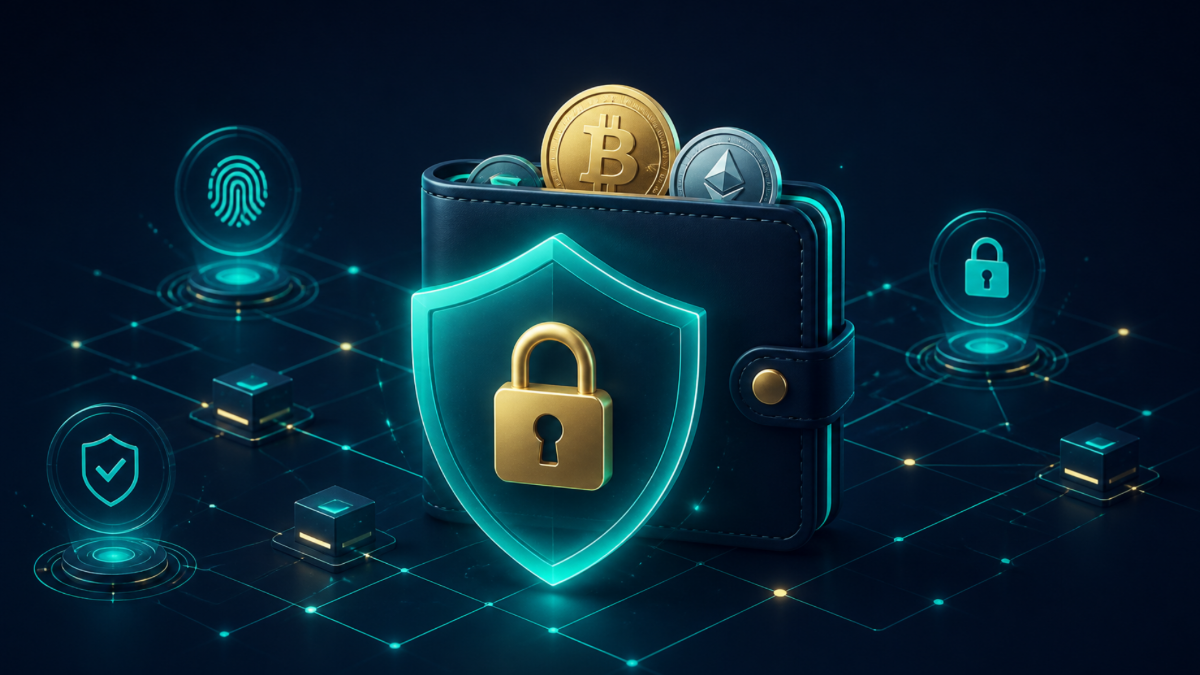 Illustration of a digital wallet protected by a glowing padlock shield, representing crypto wallet security for FACIET tokens